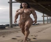 Maori female bodybuilder walks on nude beach from family on nude beach