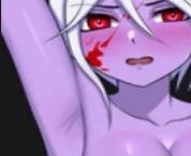 LF Color Source: 1girl, arm up, armpit, blood, blood on cheek, blood on face, blush, cleavage, close-up, collarbone, dota 2, drow ranger, emote, hair between eyes, hair strand, out-of-frame censoring, parted lips, purple skin/purple body, red eyes, whitefrom trisha lips close up