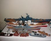 USS Missouri, HMS Prince of Wales, KMS Blcher, KMS Bismarck, 2 Shipwrecks scratch built, along with the cargo ship, and another scratch built item, a Japanese Carrier. from kms