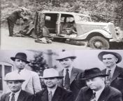 A photo of the aftermath of the shooting of Bonnie Parker and Clyde Barrow, believing to have killed nine officers and four civilians. They were killed by these six officers on May 23, 1934 in Bienville Parish, Louisiana from typh barrow