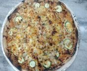 The moment y&#39;all&#39;ve been waiting for, the pizza for tonight: Thai chili sauce as the base with cucumber, pineapple, chicken, reana nd green onion, mozzarella and feta with a buffalo drizzle baked into the cheese. from av4 us onion videoson and mausi