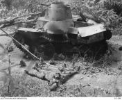The dead crew of a Japanese Type 95 Ha-Go light tank knocked out by Australian anti-tank fire during Battle of Muar in Malaya, 28 January 1942. from battle spirits gekiha 41