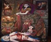 God vs Werewolf, by Nick Sea &amp; Suzie Sea, gouache enamel ink on 7 foot handmade canvas, 2020 from hindu sea