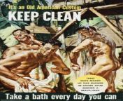 Gay Vintage - Magazine ad - 1940s - group of WW2 soldiers in a makeshift shower in the jungle - Vintage magazine ad,1940s ,WW2,homoerotic,nude,poster,propaganda,war effort,cleanliness,dogtag,ass from gay vintage 69
