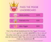 ??Ive been teaming up with some AMAZING dommes for Pass The Piggie over on Twitter. We have been draining so many little cashpigs that we have now decided to create the first ever Pass The Piggie competition!?? Send now and have the chance at being crown from greeni pass