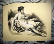Reclining Female Nude / Black, red and white chalk. 350 x 475 mm. from drawing aunty indian nude