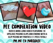 [Selling] Pee Compilation Video. Over 5 mins of up close peeing! 10 up close pissing clips and ends with me pissing my panties clip. 11 pees in total. PM me to Purchase or For My Full Toilet Video Menu on here or KiK @fatasschick1 from toilet video xxx village