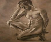 Male nude figure knealing from rosy loud nude