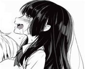 Mono 1girl, 1other, ahegao, bangs, black hair, bowtie, breast sucking, cardigan vest, drooling, from side, hair behind ear, half-closed eyes, hime cut, long hair, nose blush, open mouth, saliva trail, school uniform, sidelocks, tears, upper teeth only, wh from punjabi long hair cut