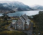 The 18th century Gothic Revival Church of St Mary and St Finnan overlooking Loch Shiel, Glenfinnan, Scotland. from 30 st mary axe
