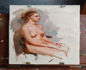 Live model sketch in oil on panel, 12x9 from live model indian