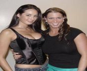 Stephanie McMahon in a tight shirt with Kitana Baker after the WWE Unforgiven 2002 HLA segment from hla inzali tint