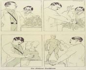 A Nazi cartoon of 1933. Hitler is presented as a sculptor who creates the superman. A bespectacled liberal intellectual is appalled by the violence needed to create the superman. (Note also the erotic glorification of the human body.) from the erotic