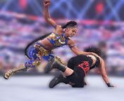 WWE (Bayley) DId this WWE wrestler poop herself? I blurred out the background but the girl in the black pants in the match looks like she pooped herself? I saw the match before and early in the match the stain wasn&#39;t there? from match