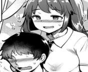 LF Mono Source: 1boy, 1girl, behind another, breast press, breast smother, covered nipples, dark hair, faceless male, head between breasts, head to breasts, heart-shaped pupils, large breasts, long hair, necktie, no eyes, nose blush, sfx, short hair, side from full breast press sex