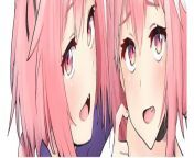 LF Color Source: 2boys, astolfo (fate), blush, choker, clone, close-up, face, fang, fate grand order, finger to cheek, hair between eyes, looking at viewer, open mouth, pink eyes, pink hair, purple jacket, scratching cheek, sidelocks, streaked hair, thick from astolfo fate