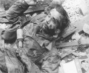 German soldier killed during the Battle of Berlin, 1945. Note the Mein Kampf to the bottom right of the photo from kampf