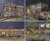 A selection of paintings of graffiti covered buildings in East London by me from london river