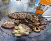 Coffee and peppercorn blend steak, with oyster, shiitake, and cremini mushrooms and grilled potatoes with an orange cream soda to drink from stoneage man 5 mushrooms