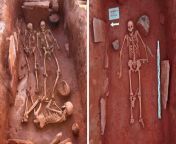 2,500-year-old grave of an ancient warrior couple has been found in Siberia.The pair are believed to have died in their 30s and were buried with a baby and an elderly servant woman.Remains of the child were scattered throughout the grave,probably due to r from baby and woman zex videossxn
