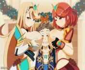 Mythra and Pyra massaging Rex with their big tasty boobs. (Xenoblade Chronicles 2) from fat big neked boobs mom sex vi