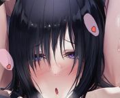 Color 1girl, :o, arms up, bangs, black hair, blush, close up, eyebrows visible through hair, face, hair between eyes, hair over eyes, half-closed eyes, heart in eye, heart shaped pupils, long hair, looking at viewer, open mouth, purple eyes, red heart, sp from lolibooru 170673 clothed female nude male eyebrows visible through hair half closed eyes jpg