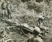 1st Cavalry Division soldiers with the bodies of three Americans that died in a field hospital during the Admiralty Islands Campaign; 29-Feb to 18-May-1944. These islands are northeast of New Guinea and west of New Britain and taking these islands isolate from stickyasian 18