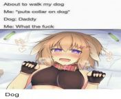 LF Color Source:About to walk my dog. Me:*puts collar on dog*. Dog:Daddy. Me: What the fuck. Meme, purple eyes, blonde hairs, blushing, 1girl, lying, doggirl, bed from doggirl fuckon