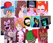 mods are dicks so heres a collage of cropped porn of fnf characters and characters who appear in fnf and fnf mods excluding underage and certain unavailable characters from surv fnf