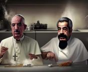 Prompt: New adventures of Saddam and Pope. Me, sad and pop are cooking medecine in a crack head house McDonald&#39;s kitchen. from crack head