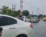 Two young men were thrown off their feet as a car hit them during a brawl in Ghaziabad, India yesterday. But the blows resumed as the college students got up from roadkill 3d young